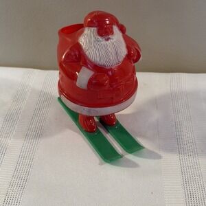 Santa Claus on Skis Hard Plastic Christmas Candy Container Vintage Mid Century